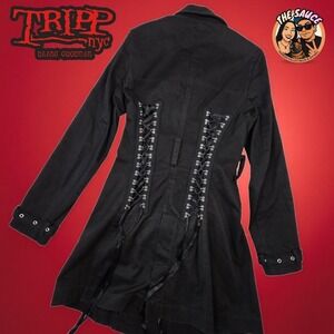 Tripp NYC Trench Coat Womens Small Black Corset Lace Up Goth Punk Vintage Pink